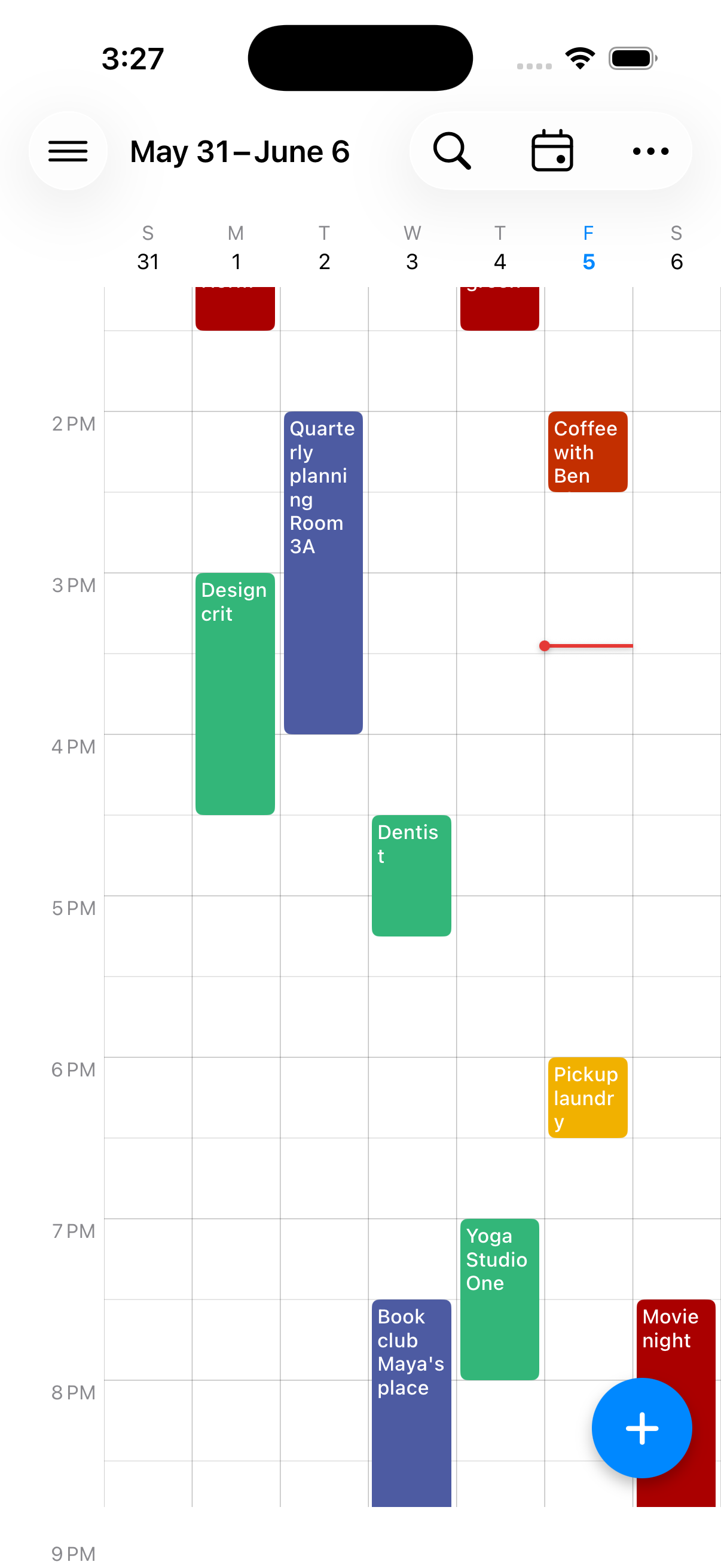 Week view — hours grid with concurrent events
