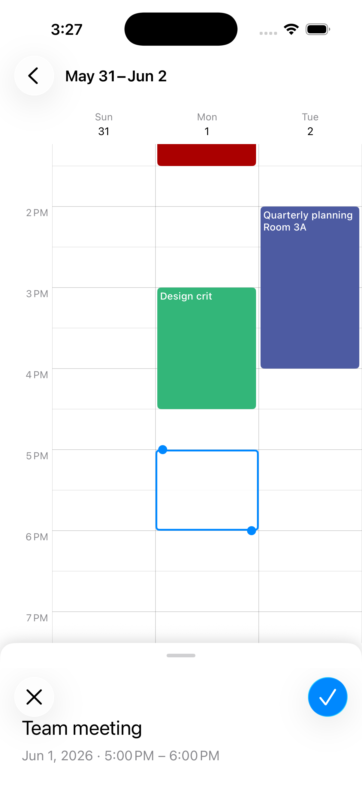 Quick edit — drag-to-create event with inline edit sheet